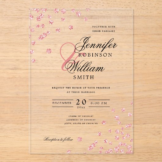 エレガントウェディングバラ金ゴールドグリッター紙吹雪テーマ アクリル招待状 (正面)