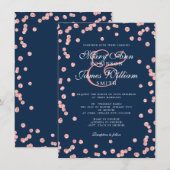 エレガントウェディングバラ金ゴールドグリッター紙吹雪ネイビー 招待状 (正面/裏面)