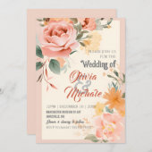 エレガントウェディングパステルピンクオレンジフローラフレーム 招待状 (正面/裏面)
