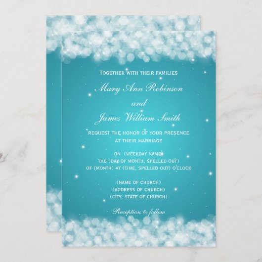 エレガントウェディングパーティースパークルターコイズ 招待状 (正面/裏面)