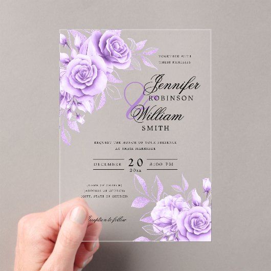 エレガントウェディングパープルバラフローラテーマ アクリル招待状 (インサイチュ (ポータブル))