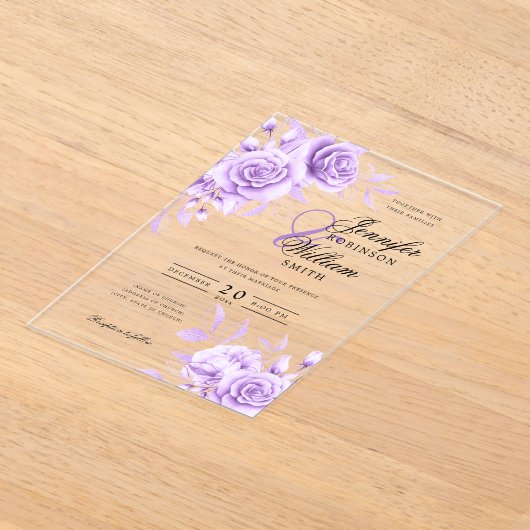 エレガントウェディングパープルバラフローラテーマ アクリル招待状 (レイダウン)