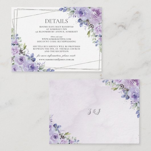 エレガントウェディングパープル薄紫フローラシルバー詳細 エンクロージャーカード (正面/裏面)