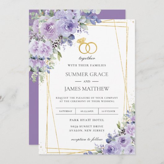 エレガントウェディングパープル薄紫フローラ金ゴールドリングや輪 招待状 (正面/裏面)
