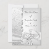 エレガントウェディングフローラシルバーホワイトボウハート 招待状 (正面)