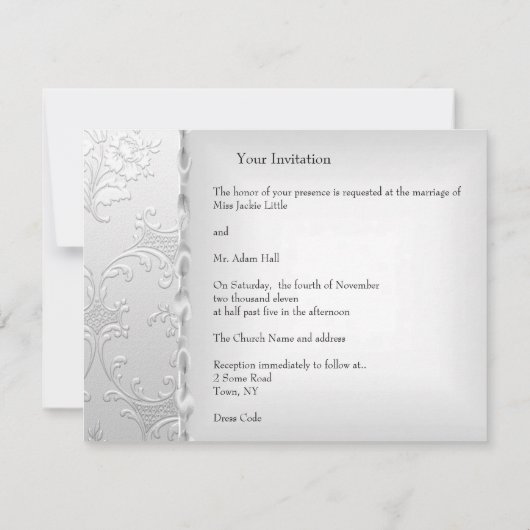 エレガントウェディングフローラシルバーホワイトボウハート 招待状 (裏面)