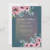 エレガントウェディングフローラティール(緑がかった色)ピンクウォーター色 招待状 (正面)