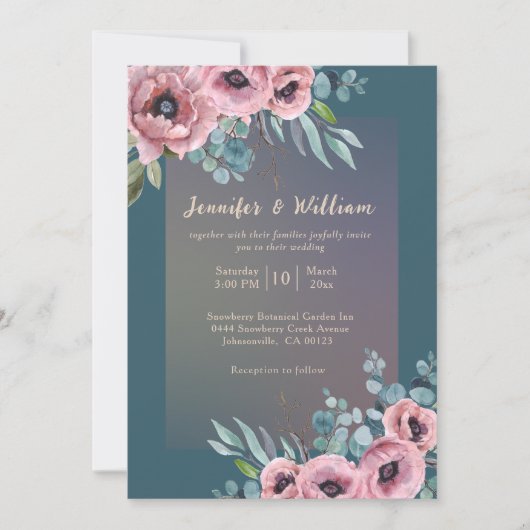 エレガントウェディングフローラティール（緑がかった色）ピンクウォーター色 招待状 (正面)