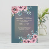 エレガントウェディングフローラティール(緑がかった色)ピンクウォーター色 招待状 (スタンド正面)