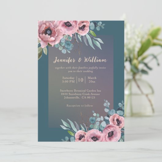 エレガントウェディングフローラティール（緑がかった色）ピンクウォーター色 招待状 (スタンド正面)