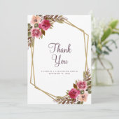 エレガントウェディングフローラパープル金ゴールドフレーム サンキューカード (スタンド正面)