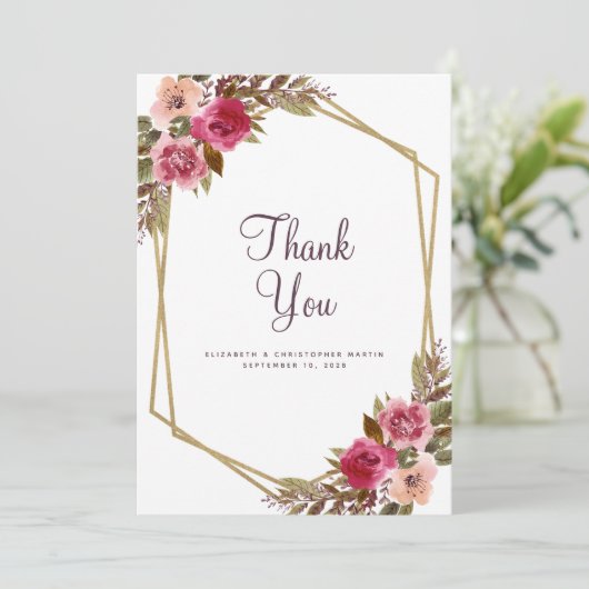 エレガントウェディングフローラパープル金ゴールドフレーム サンキューカード (スタンド正面)