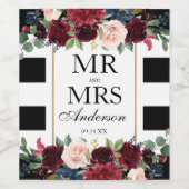 エレガントウェディングフローラブルガンディーブルーストライプの ワインラベル (シングルラベル)