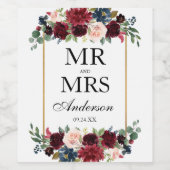 エレガントウェディングフローラブルガンディーブルー金ゴールド ワインラベル (シングルラベル)