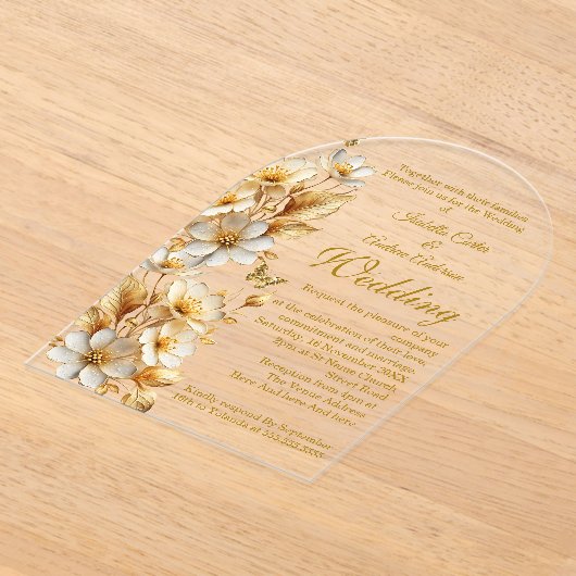 エレガントウェディングフローラホワイト金ゴールド蝶 アクリル招待状 (レイダウン)