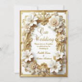 エレガントウェディングフローラ金ゴールドホワイトフレーム 招待状 (正面)