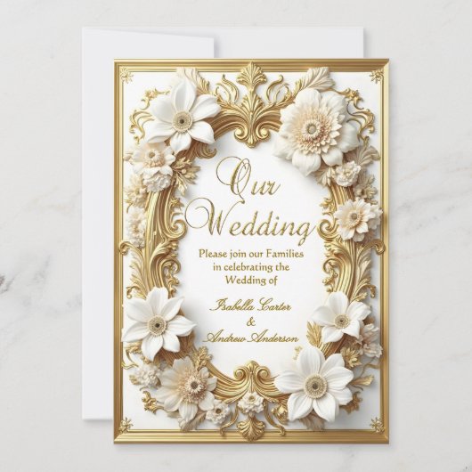 エレガントウェディングフローラ金ゴールドホワイトフレーム 招待状 (正面)