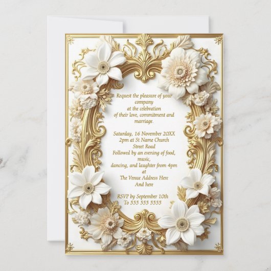 エレガントウェディングフローラ金ゴールドホワイトフレーム 招待状 (裏面)