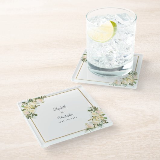 エレガントウェディングブライド&グルーマーフローラバラホワイト ガラスコースター (アングル)