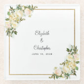 エレガントウェディングブライド&グルーマーフローラバラホワイト ガラスコースター (正面)