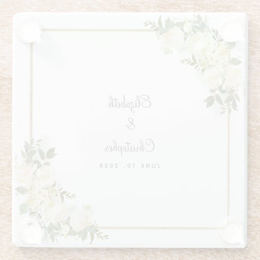 エレガントウェディングブライド&グルーマーフローラバラホワイト ガラスコースター (裏面)