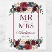 エレガントウェディングブルガンディーブルーフローラ ワインラベル (シングルラベル)