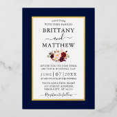 エレガントウェディングブルゴーニュフローラブルーフォト金ゴールド 箔招待状 (正面)