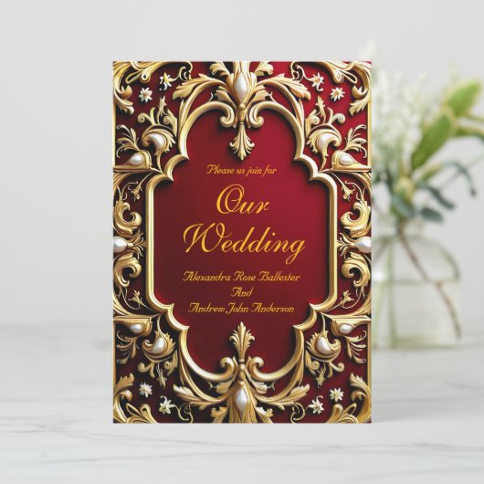 エレガントウェディングブルゴーニュ華美金ゴールドレッドパール 招待状 (スタンド正面)