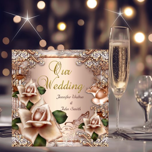 エレガントウェディングベージュクリーム金ゴールドバラ 招待状