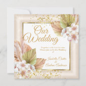 エレガントウェディングホワイトクリームボホフローラ金ゴールド 招待状 (正面)