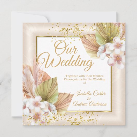 エレガントウェディングホワイトクリームボホフローラ金ゴールド 招待状 (正面)