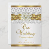 エレガントウェディングホワイトパール金ゴールドレースフローラ 招待状 (正面)