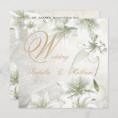 エレガントウェディングホワイトフラワーズベージュ金ゴールドフローラ 招待状 (正面/裏面)