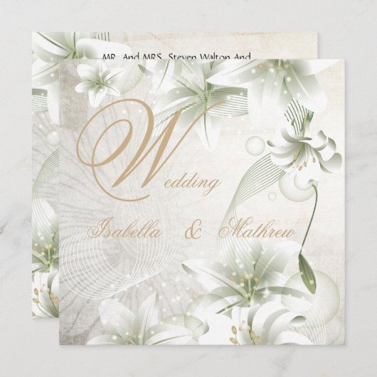 エレガントウェディングホワイトフラワーズベージュ金ゴールドフローラ 招待状 (正面/裏面)
