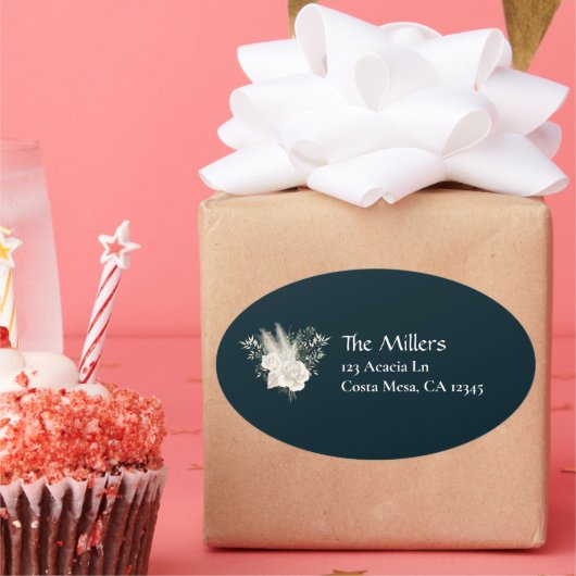 エレガントウェディングホワイトローズ差出人住所ラベル 楕円形シール (パーティー)