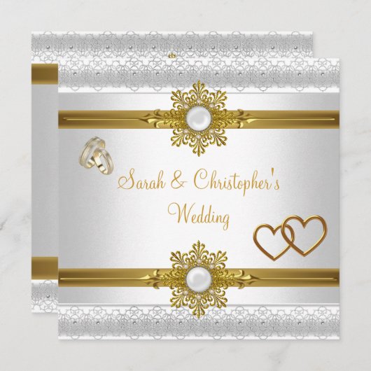 エレガントウェディングホワイト金ゴールドハートジュエルリングや輪 招待状 (正面/裏面)