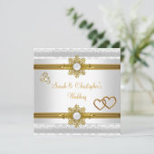 エレガントウェディングホワイト金ゴールドハートジュエルリングや輪 招待状 (スタンド正面)