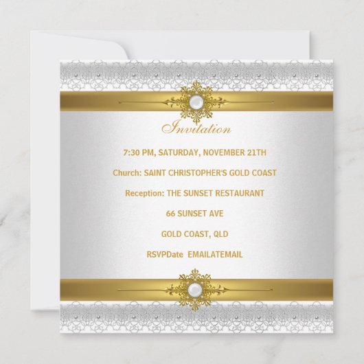 エレガントウェディングホワイト金ゴールドハートジュエルリングや輪 招待状 (裏面)