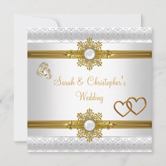 エレガントウェディングホワイト金ゴールドハートジュエルリングや輪 招待状 (正面)