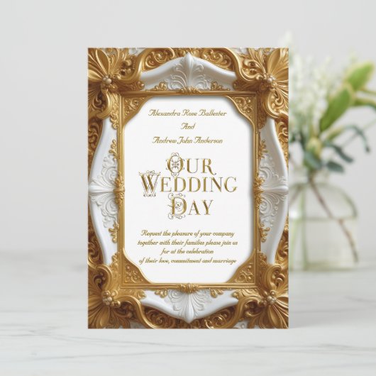 エレガントウェディングホワイト金ゴールド華美フレームプレート 招待状 (スタンド正面)