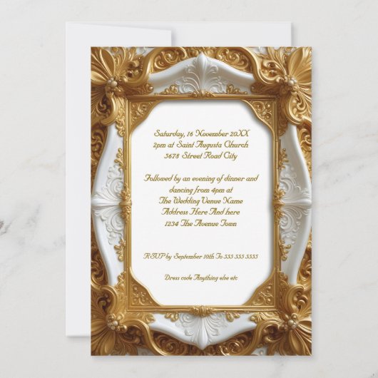 エレガントウェディングホワイト金ゴールド華美フレームプレート 招待状 (裏面)