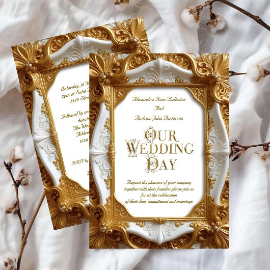 エレガントウェディングホワイト金ゴールド華美フレームプレート 招待状