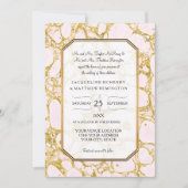 エレガントウェディングマーブルマーブル紙バラ金ゴールド 招待状 (正面)
