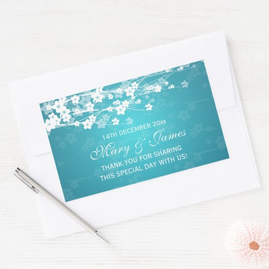 エレガントウェディングメッセージカードさくらんぼブロッサムブルー 長方形シール (封筒)