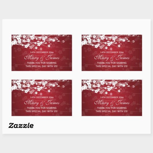 エレガントウェディングメッセージカードさくらんぼブロッサムレッド 長方形シール (シート)