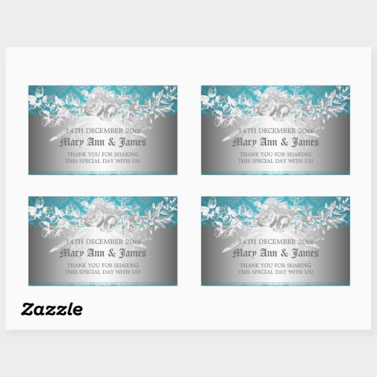 エレガントウェディングメッセージカードバロックフローリッシュブルー 長方形シール (シート)