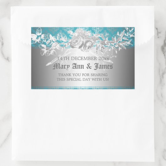 エレガントウェディングメッセージカードバロックフローリッシュブルー 長方形シール (バッグ)