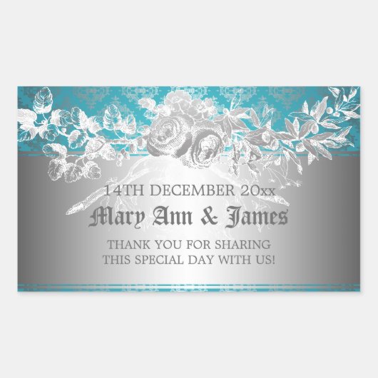 エレガントウェディングメッセージカードバロックフローリッシュブルー 長方形シール (正面)