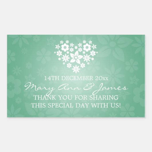 エレガントウェディングメッセージカードフローリーハートミントグリーン 長方形シール (正面)