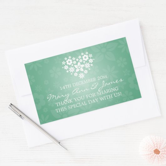 エレガントウェディングメッセージカードフローリーハートミントグリーン 長方形シール (封筒)